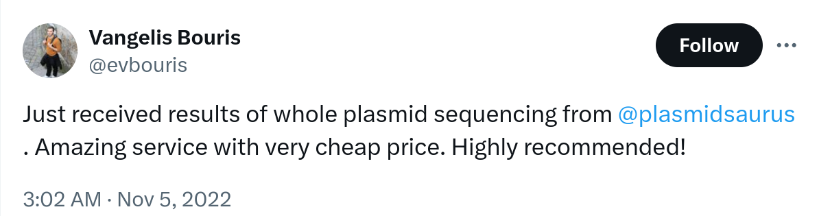 Just received results whole plasmid sequencing from @plasmidsaurus. Amazing service with very cheap price. Highly recommended!