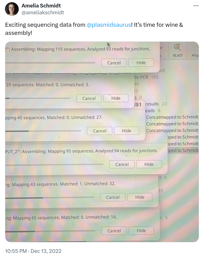 Exciting sequencing data from @plasmidsaurus! It's time for wine & assembly!