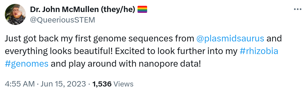 Just got back my first genome sequence from @plasmidsaurus and everything looks beautiful! Excited to look further into my #rhizobia#genomes and play around with nanopore data! 