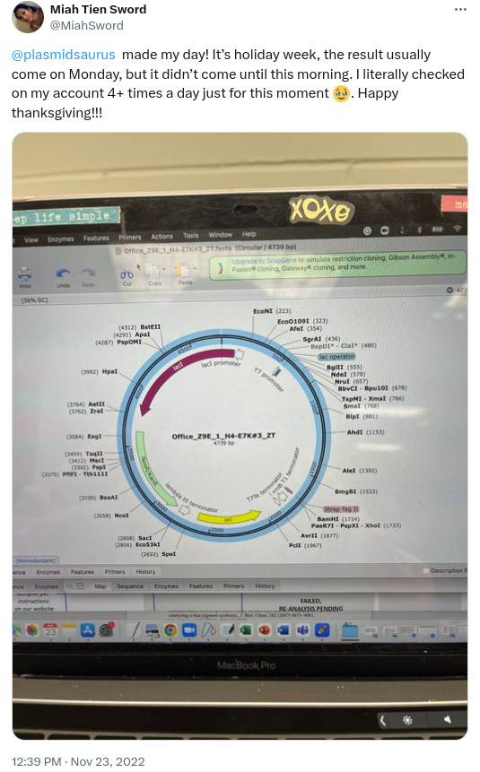 @plasmidsaurus made my day! It’s holiday week, the result usually come on Monday, but it didn’t come until this morning. I literally checked on my account 4+ times a day just for this moment 🥹. Happy thanksgiving!!!
